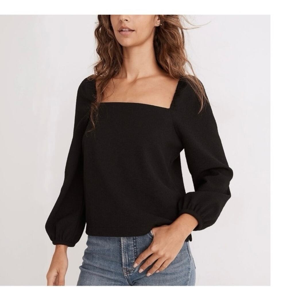 Madewell Crepe Square Neck Puff Sleeve Black Top size Medium